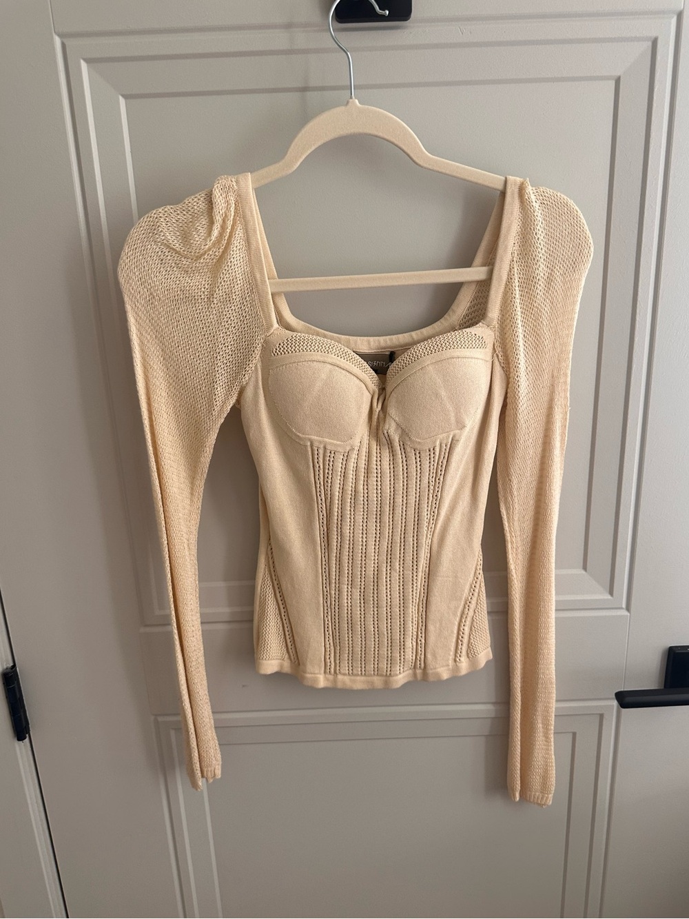 Cream Knit Bustier Long-Sleeve Top with Structured Cups